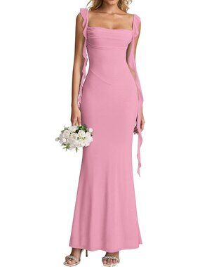 Women's Pink Boat Neck Elegant Ruffle Bodycon Formal Cocktail Maxi Dress